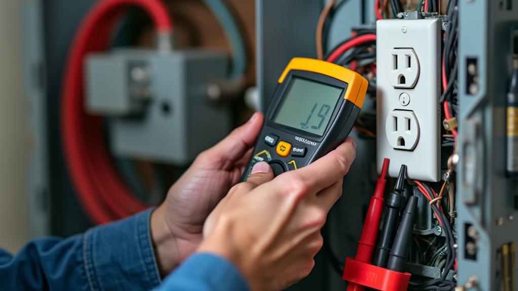 An electrician using a multimeter to troubleshoot electrical issues.