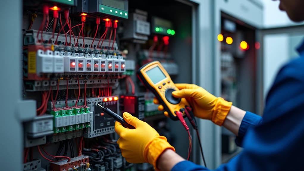 An electrician using a multimeter to troubleshoot electrical issues.