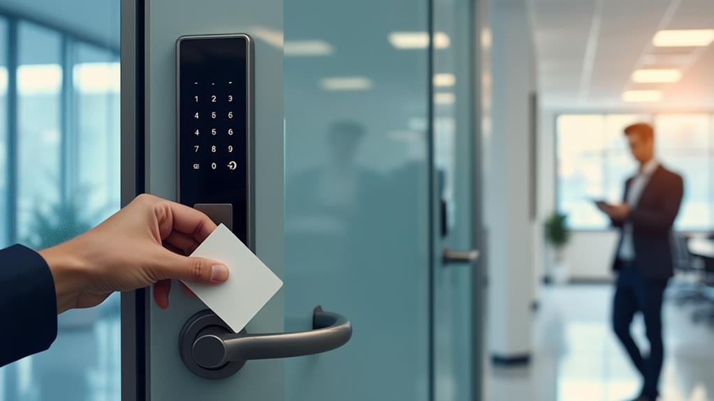 A modern office hallway with a glass door displaying a digital lock and security icon.