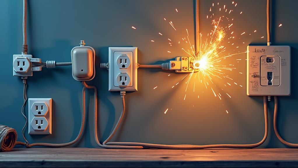 Sparks and smoke coming from a power outlet, highlighting the dangers of electrical faults.